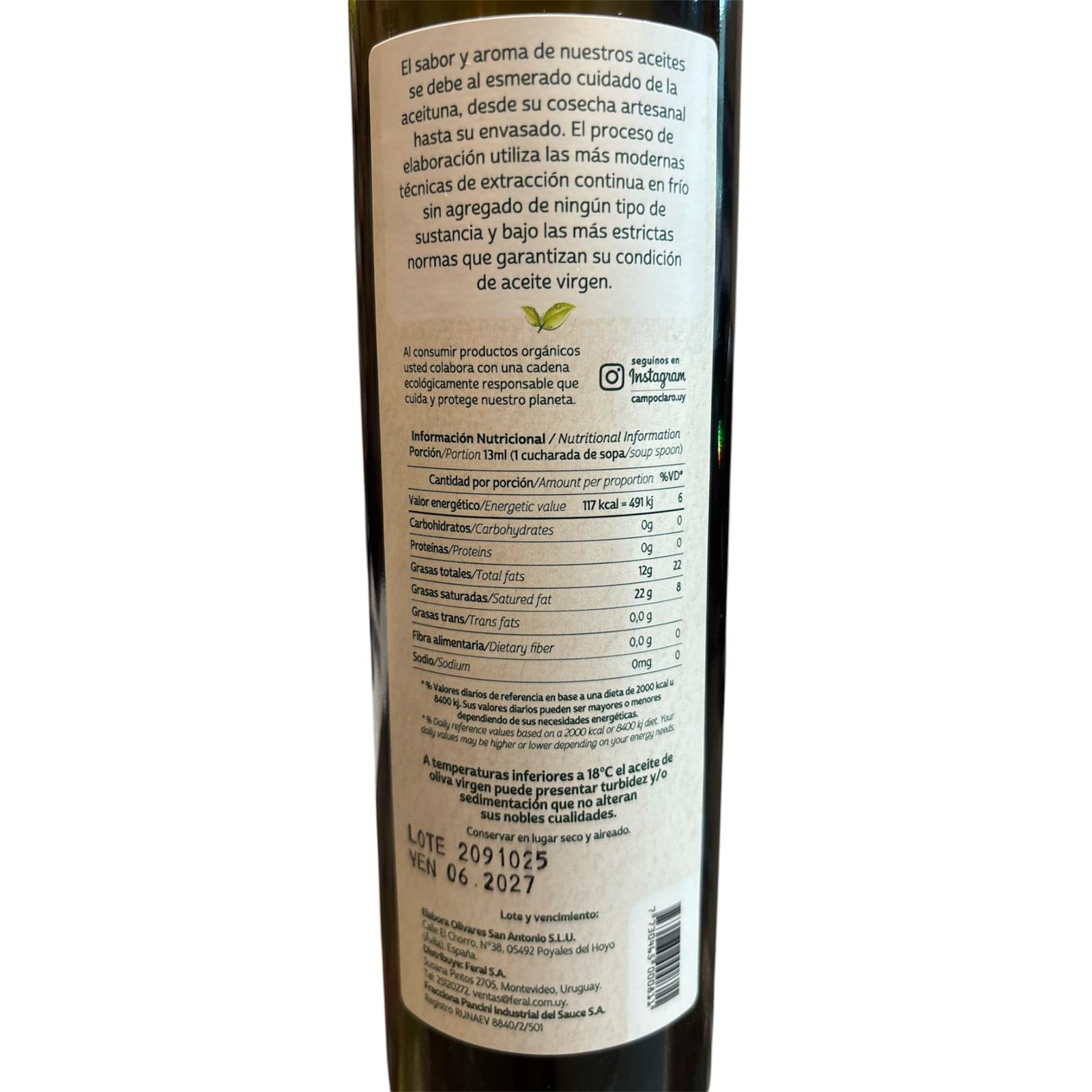 Aceite de oliva orgánico extra virgen CAMPO CLARO 500 ml